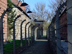 Auschwitz, wire fence and watchtower